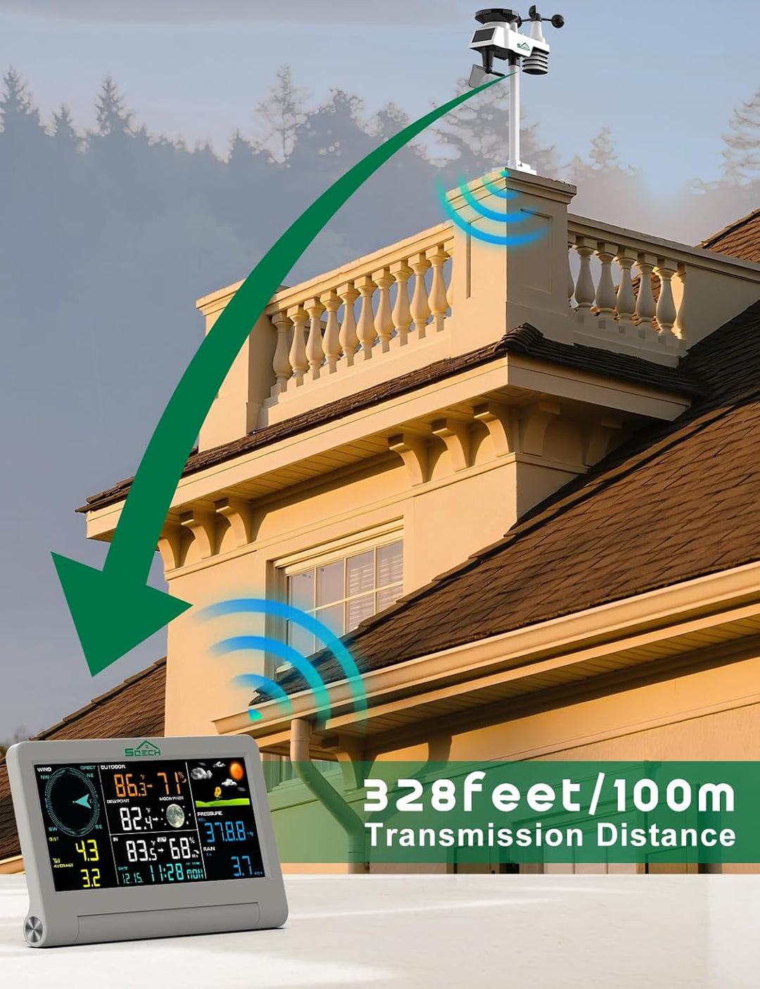 SQECH Wetterstation Funk mit Windmesser und Regenmesser, Aussensensor, 7-in-1 Wetterstationen Innen