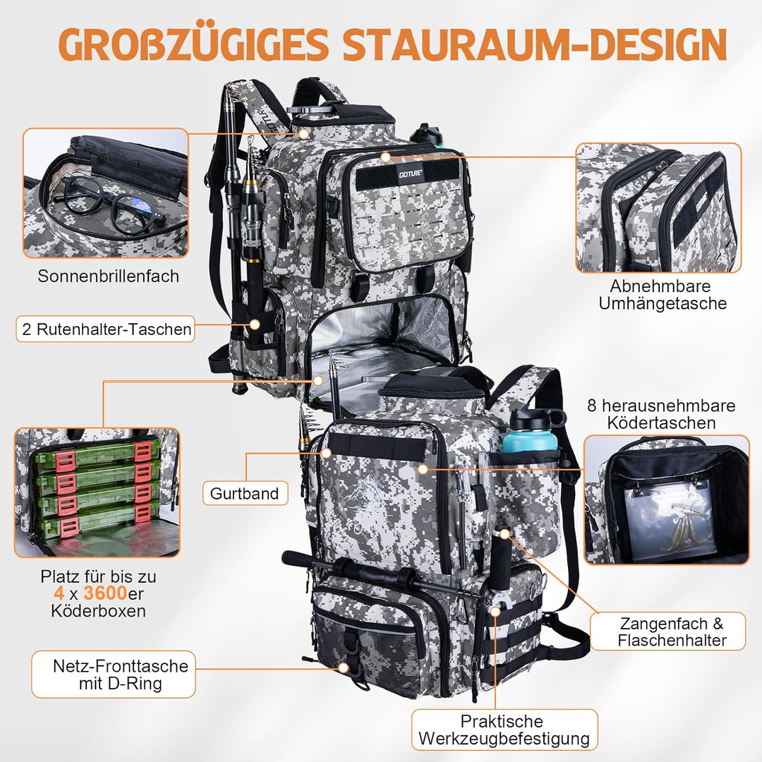 Goture Angelrucksack mit 4 Köderbox Angeln, 58-Liter mit Kühlfach & Abnehmbarer Umhängetasche, Ruten