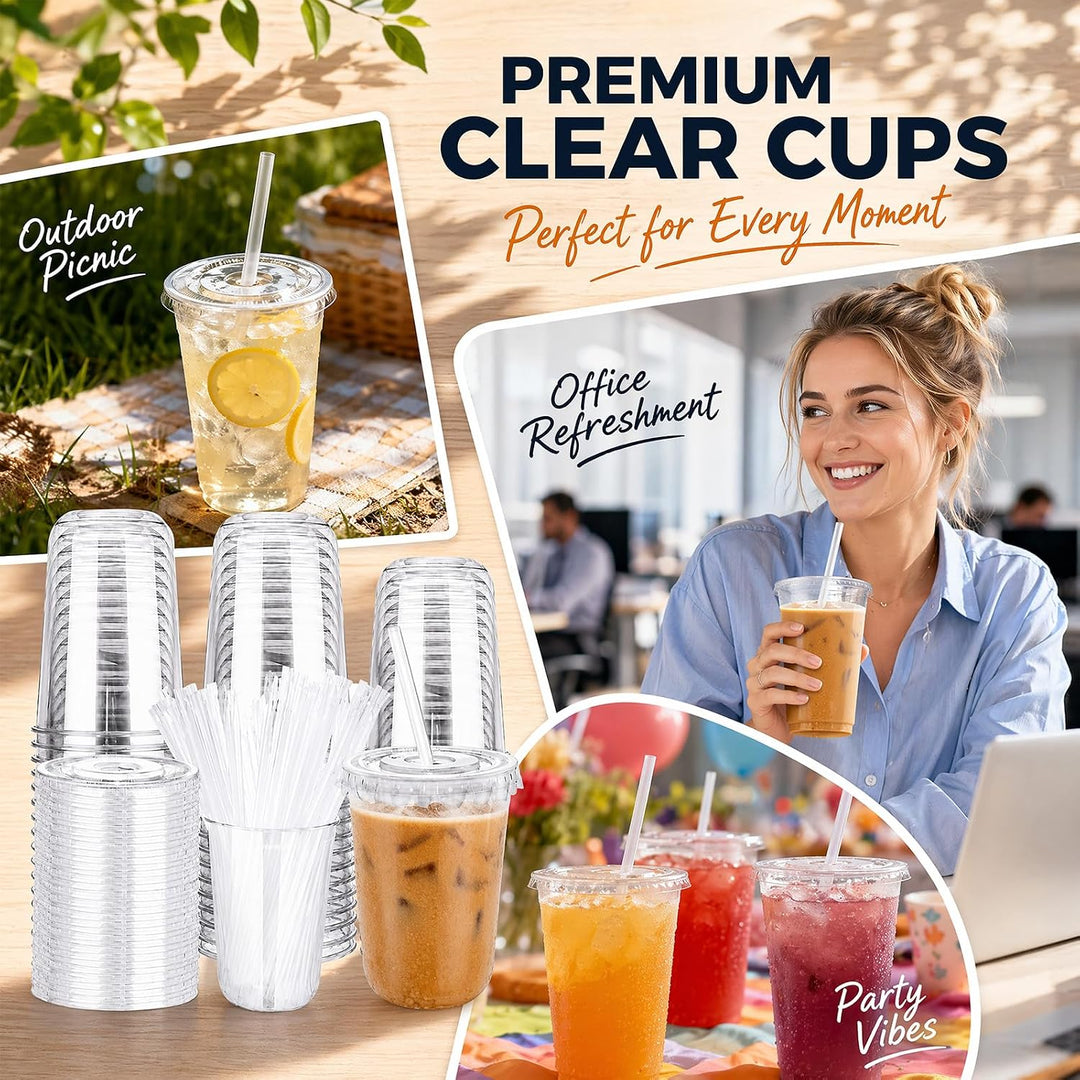 50PCS Plastikbecher mit Deckel und Strohhalm (16 Floz), Dessertbecher, Smoothie Becher, für Milchsha