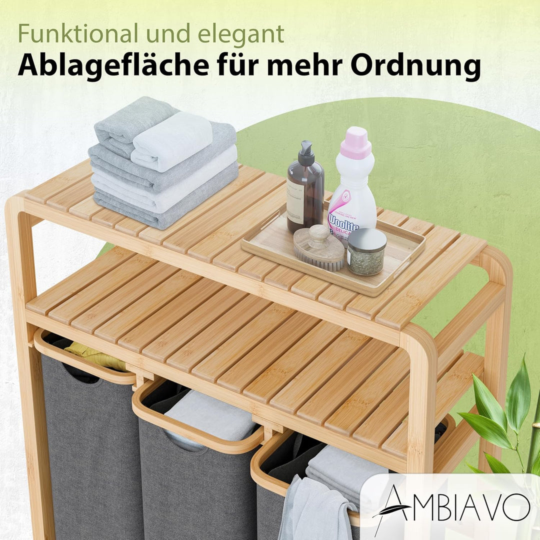 Wäschekorb 3 Fächer mit Ablage grau, 150 L Bambus · Wäschesammler mit Regal · 50 L pro Fach · heraus