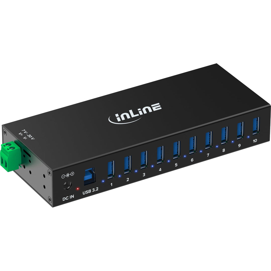 Inline USB 3.2 Gen.1 Industrie-Hub mit 10 Ports, Aluminiumgehäuse, DIN-Schienen-Montage, aktiver USB