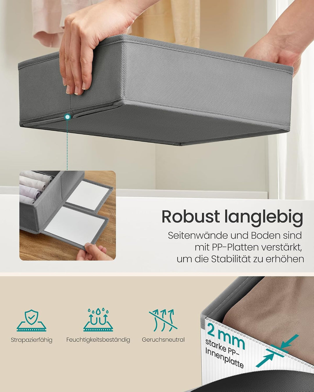 SONGMICS Schubladen-Organizer aus Vliesstoff, Faltbare Aufbewahrungsboxen, 6er Set, 28 x 26 x 10 cm