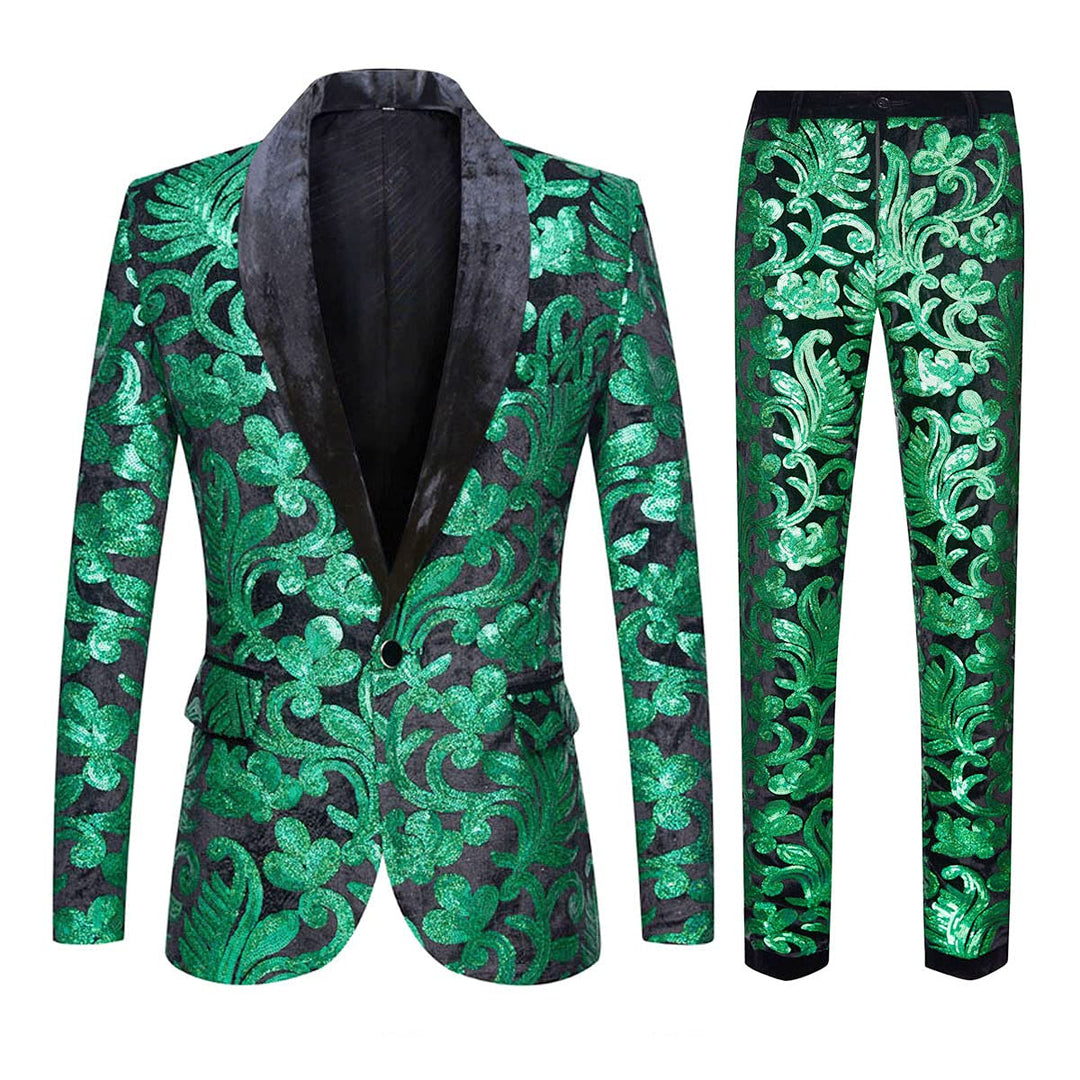 Herren Modische Blumenmuster Pailletten Zweiteiler Set Anzüge, Grün