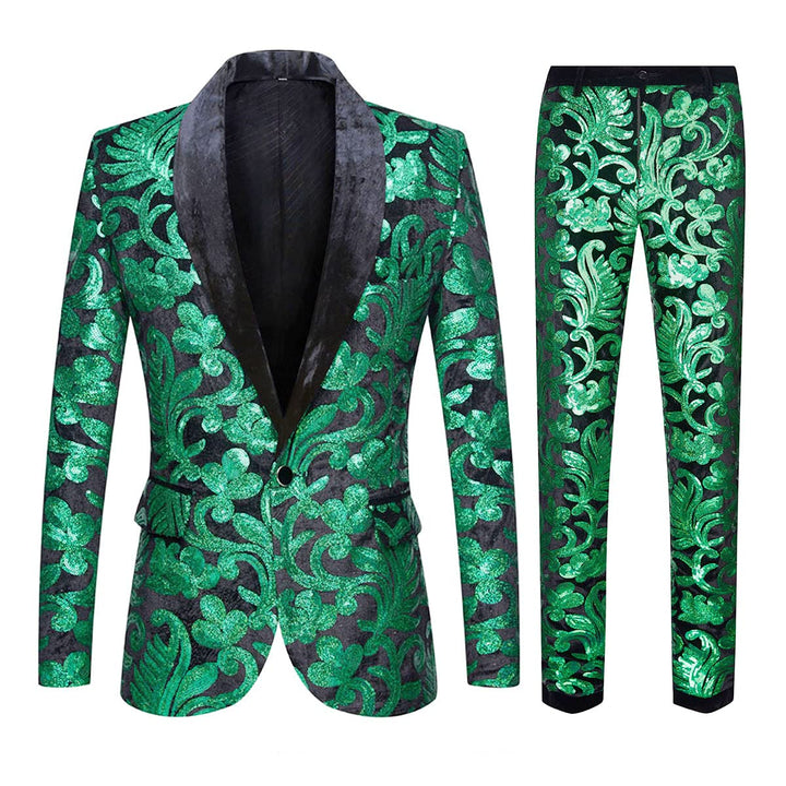 Herren Modische Blumenmuster Pailletten Zweiteiler Set Anzüge, Grün