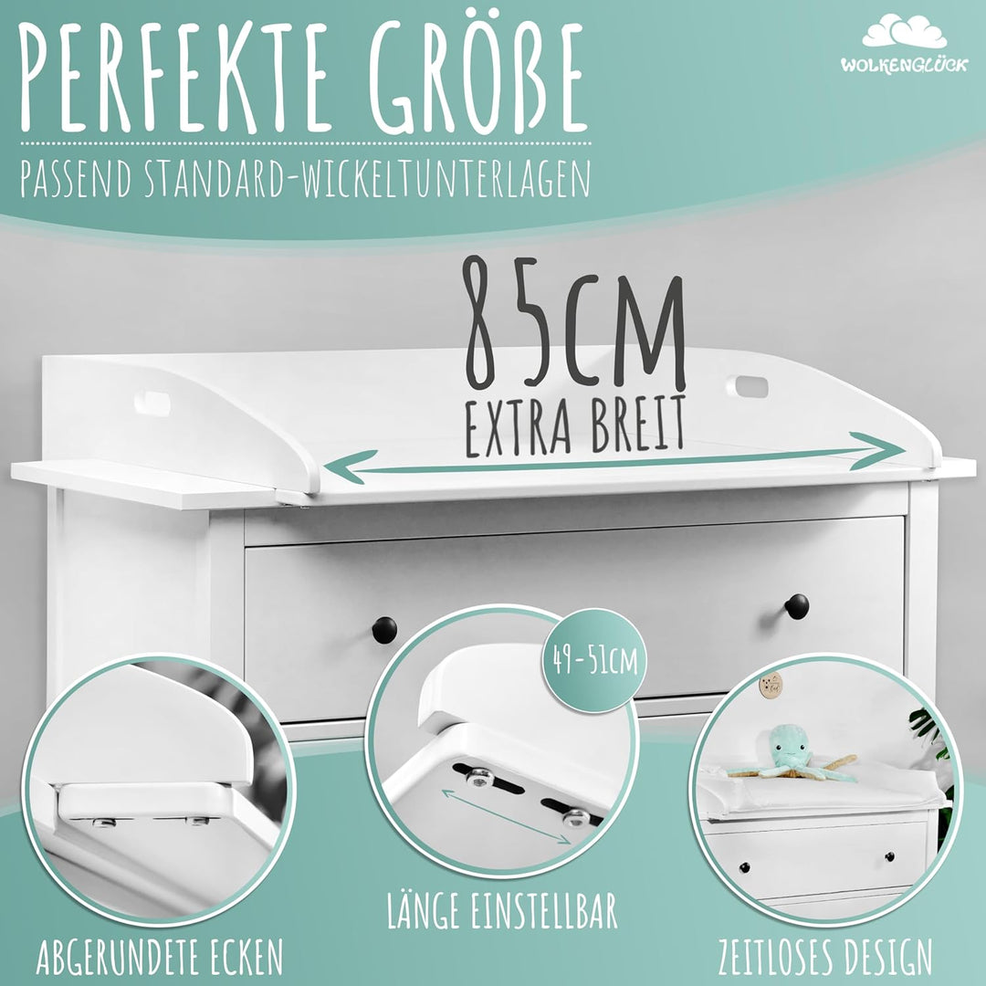 WOLKENGLÜCK® Wickelaufsatz für IKEA Hemnes Kommode [88x75x13cm] - Hochwertiger Hemnes Wickelaufsatz