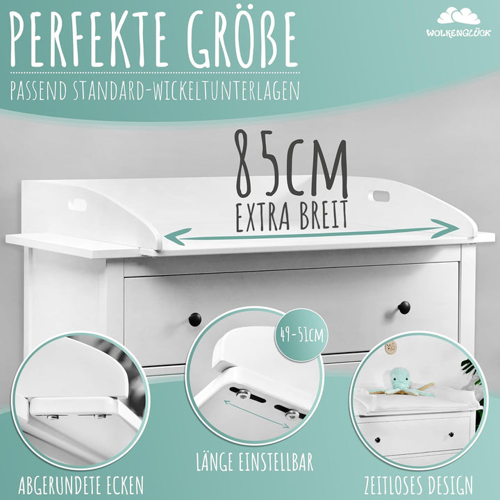 WOLKENGLÜCK® Wickelaufsatz für IKEA Hemnes Kommode [88x75x13cm] - Hochwertiger Hemnes Wickelaufsatz