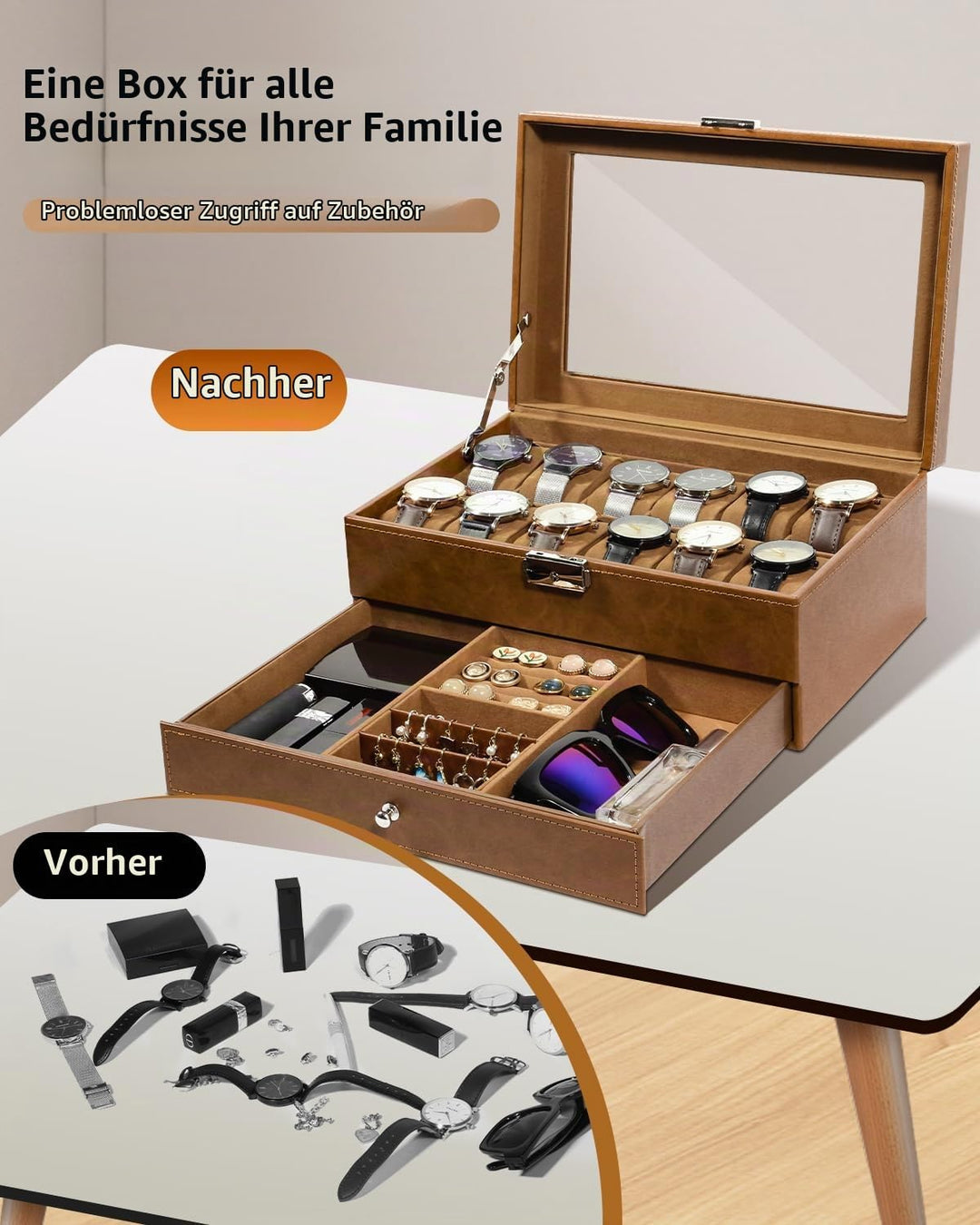 Uten Uhrenbox, 12 Fächern und 1 Schublade mit Schlüsselschloss, Glasdeckel, Braunes PU, Braunes Samt