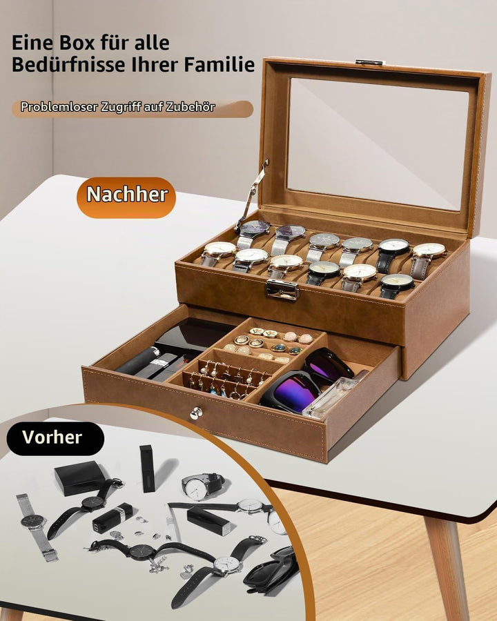 Uten Uhrenbox, 12 Fächern und 1 Schublade mit Schlüsselschloss, Glasdeckel, Braunes PU, Braunes Samt