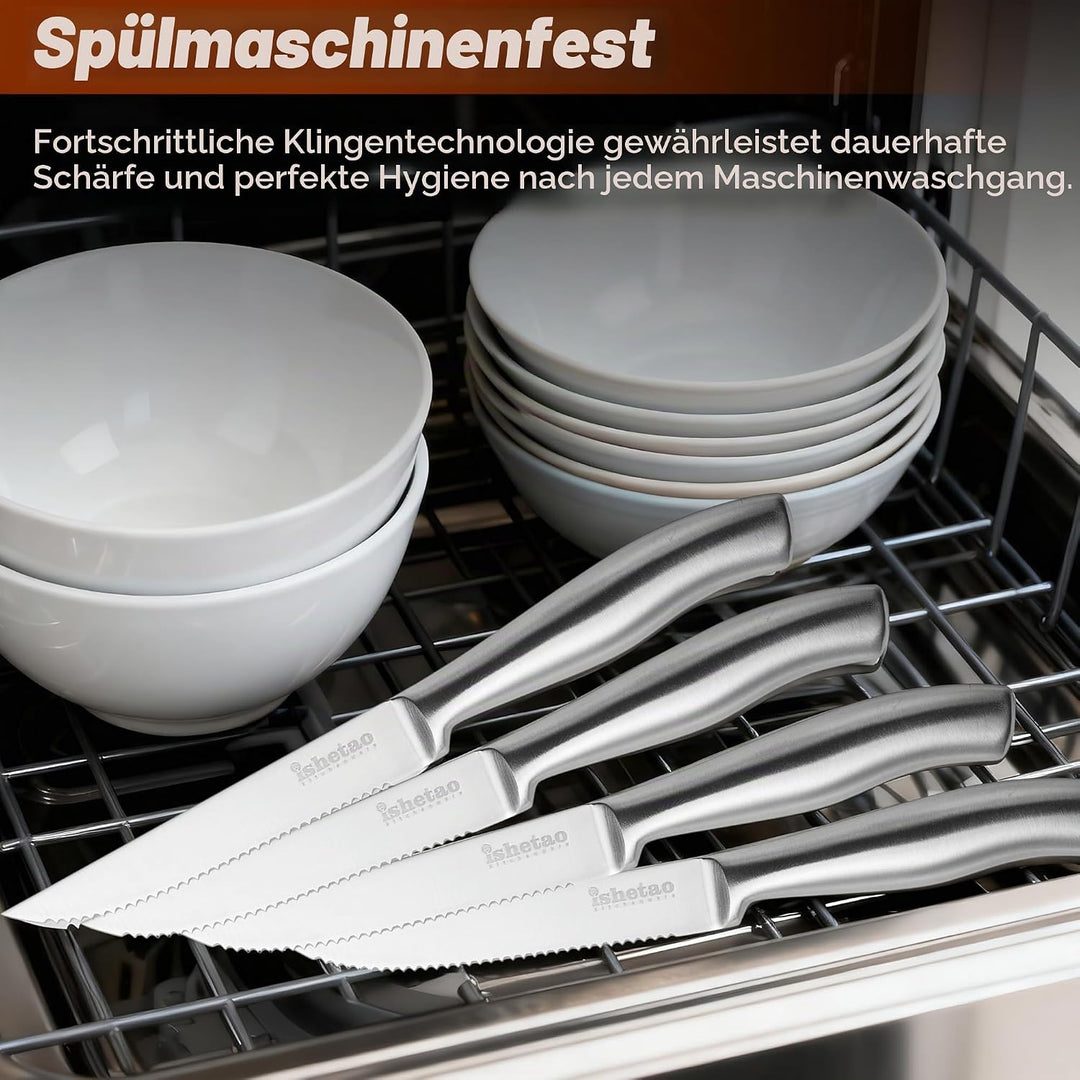 isheTao Steakmesser-Set, 6-teilig, Extra Scharfe Klinge, Wellenschliff, spülmaschinengeeignet, 12 cm