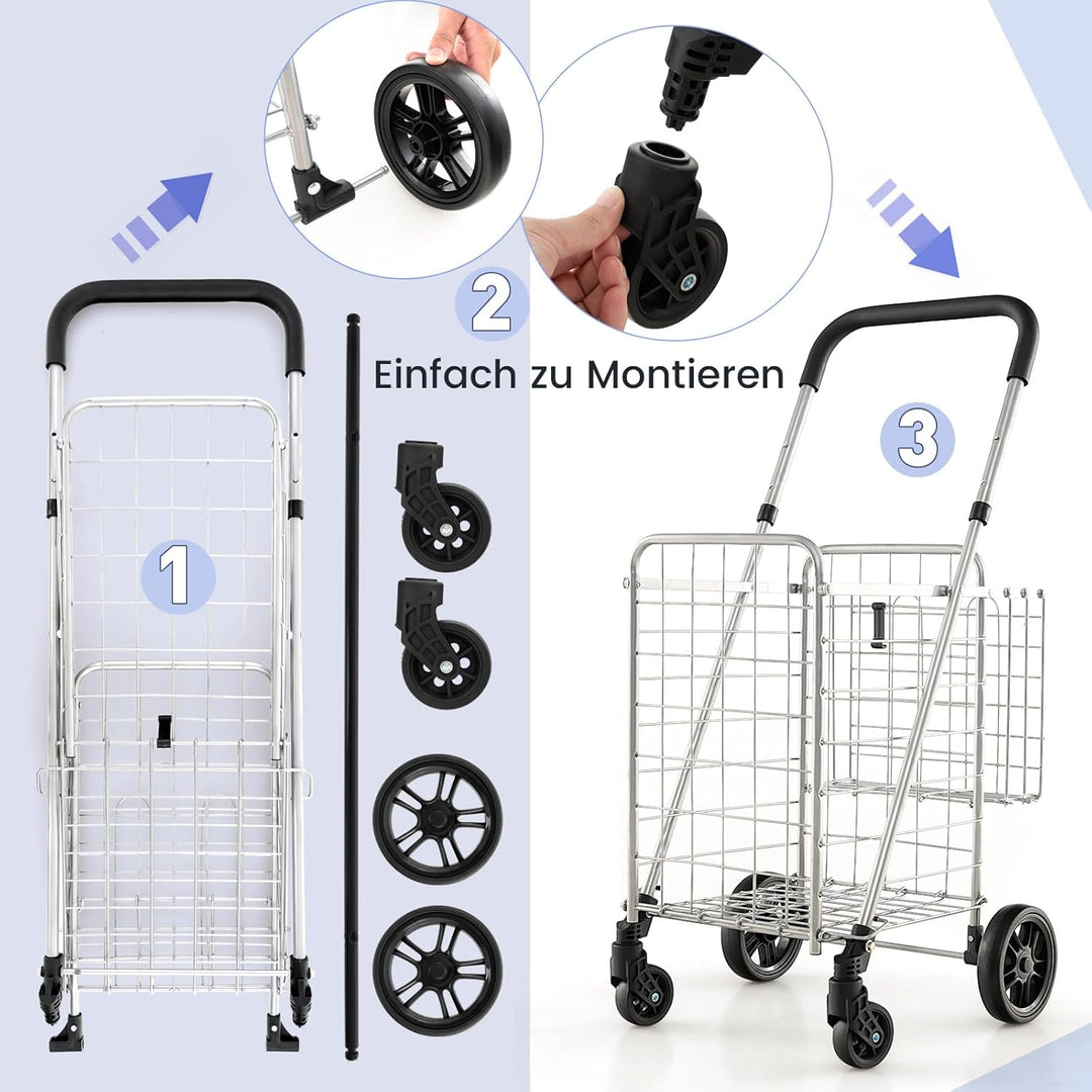 GYMAX Klappbarer Einkaufstrolley belastbar bis zu 20 kg, tragbarer Einkaufswagen mit Doppelkorb 48L+