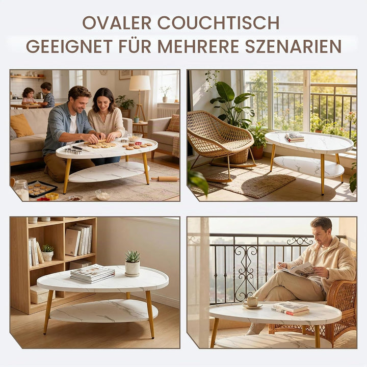 Couchtisch Oval Holz | Wohnzimmertisch Sofatisch mit Metallrahmen | Einfacher Aufbau, Industrie-Desi