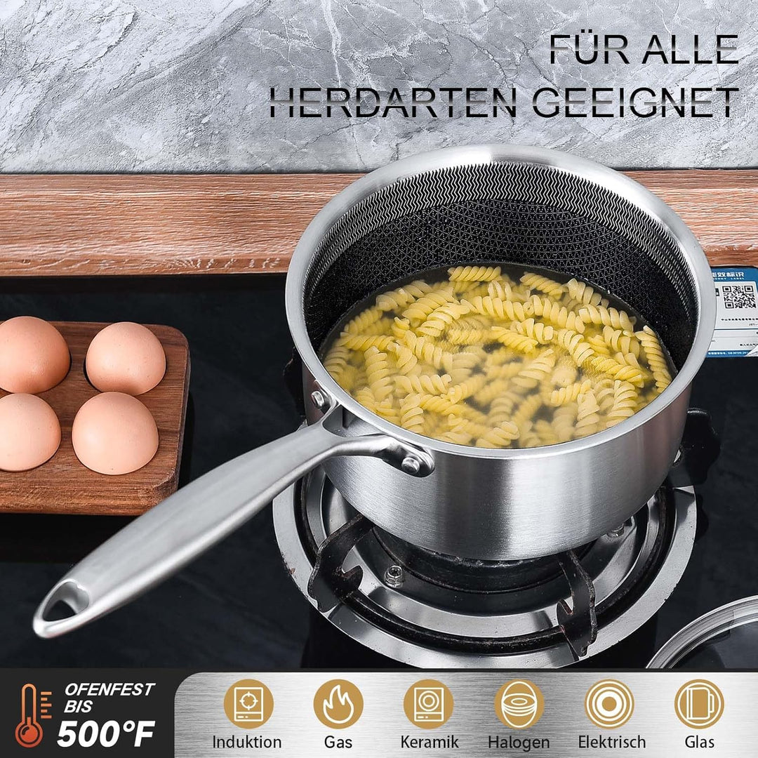 LOLYKITCH Edelstahl Kochtopf 16+18cm mit Deckel, Antihaft Stielkasserolle, Topfset, Kochtopf Indukti