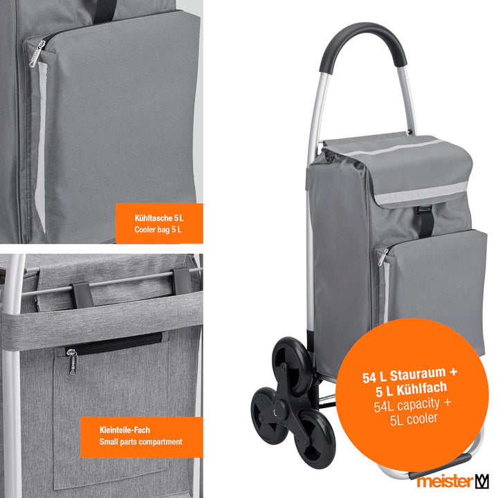 Meister Einkaufstrolley Grau, 54 + 5 L - 3x3 Treppensteiger - Klappbarer Einkaufsroller mit Kühlfach
