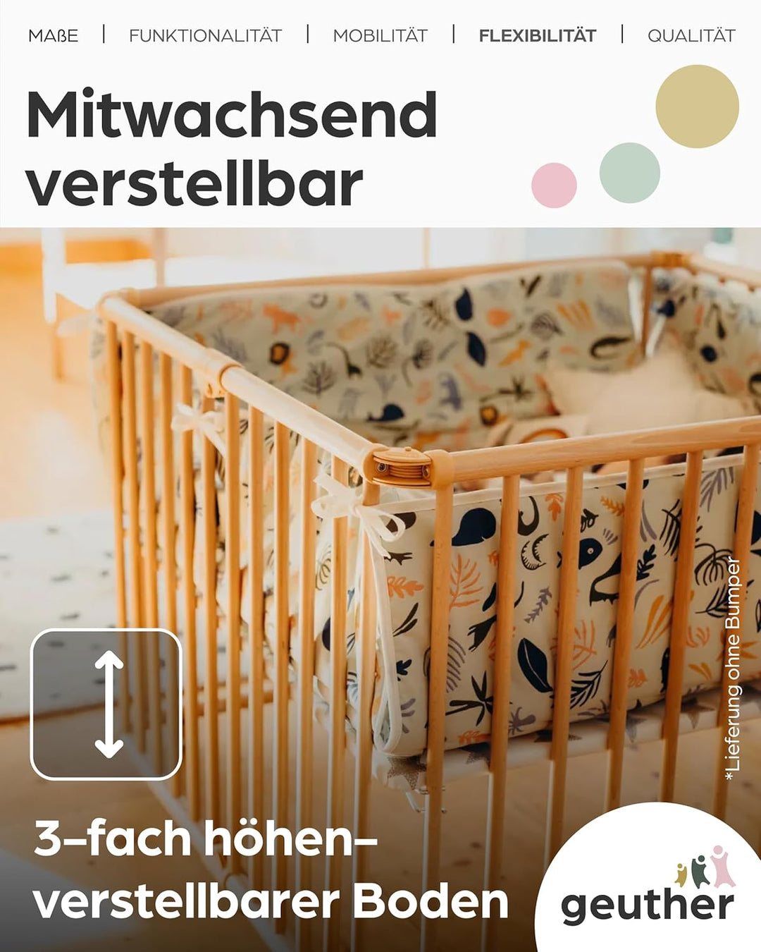 Geuther 2261 Laufgitter Lucilee Passung: 76 cm x 97 cm 3-fach werkzeuglos höhenverstellbar gepolster