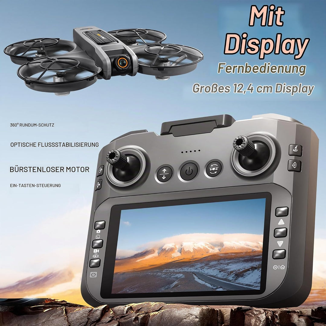 Drohne mit 4,9-Zoll-Bildschirm-Fernbedienung, HD-Dual-Kamera, bürstenlosem Motor, 360° Flips, optisc
