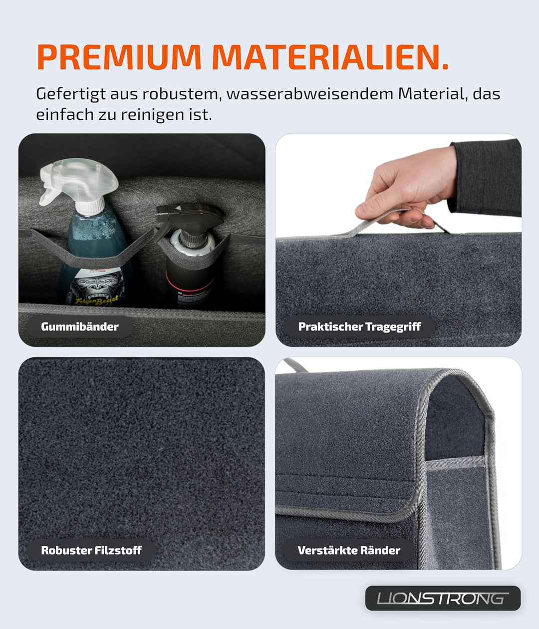 Auto Kofferraumtasche [HOCHWERTIGER FILZ] – Faltbar – Rutschfest mit Klettbändern zu befestigen – We