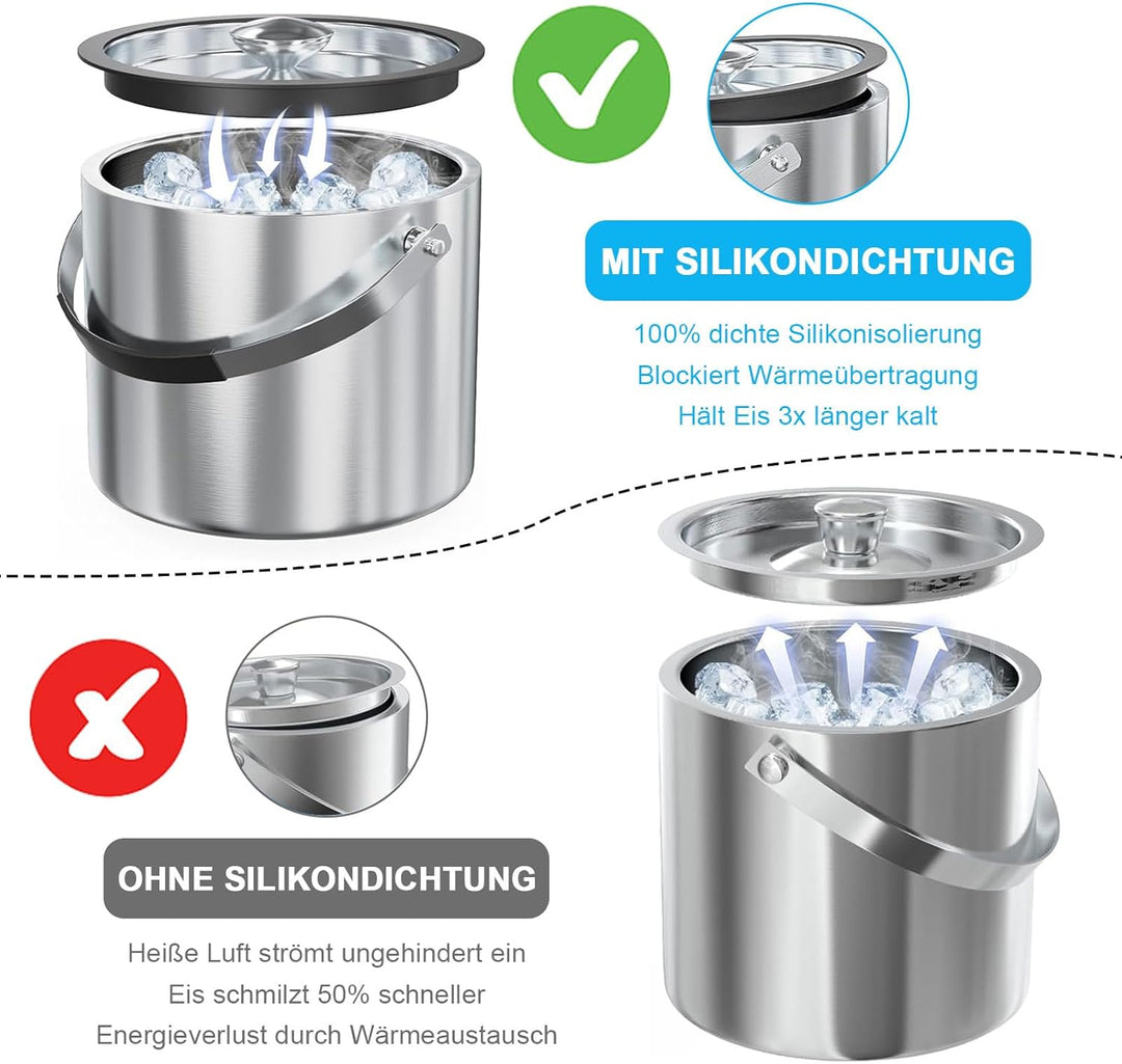 Edelstahl Eisbehälter 3L mit luftdichtem Deckel，Sieb und Eiszange，Eiswürfelbehälter doppelwandiger,