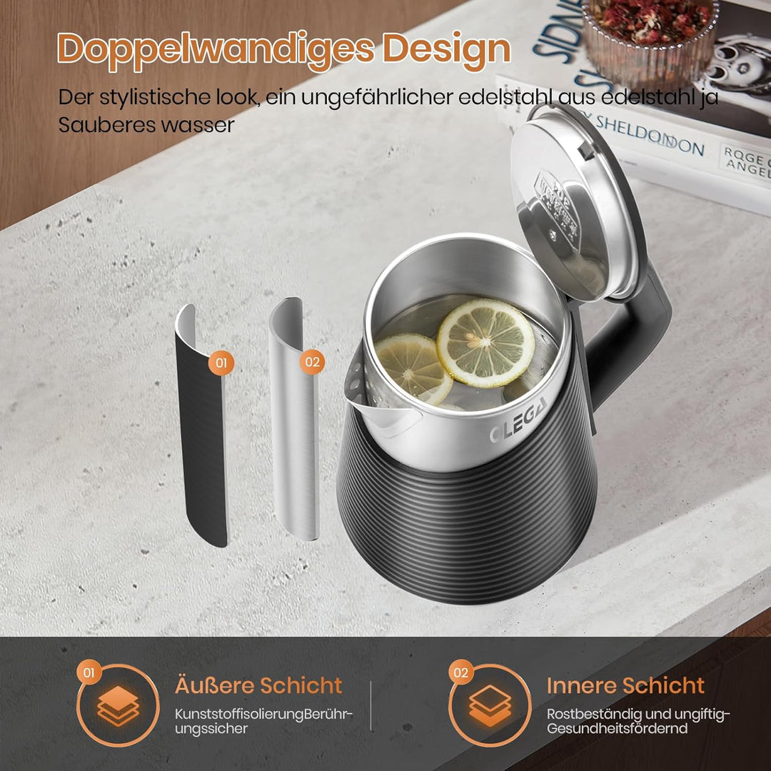 OLEGA Wasserkocher für kochendes Wasser, 1800 W, schnell kochender Heisswasserkessel, 1,8 l tragbare