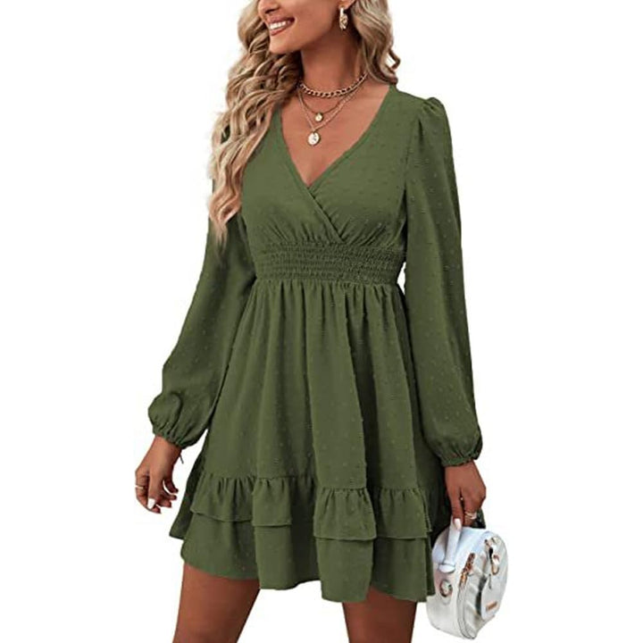 Damen Langarm Kleid V-Ausschnitt Wickelkleid Tunika Kleider Partykleid Sexy Casual Midikleid Elegant