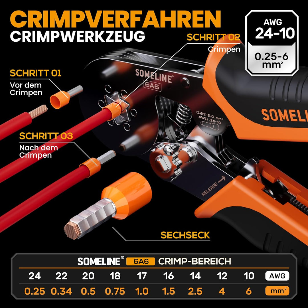 SOMELINE® Sechskant Crimpzange Set, mit 21 Arten Aderendhülsen, [0,25-6mm²] Sechskant Aderendhülsenz