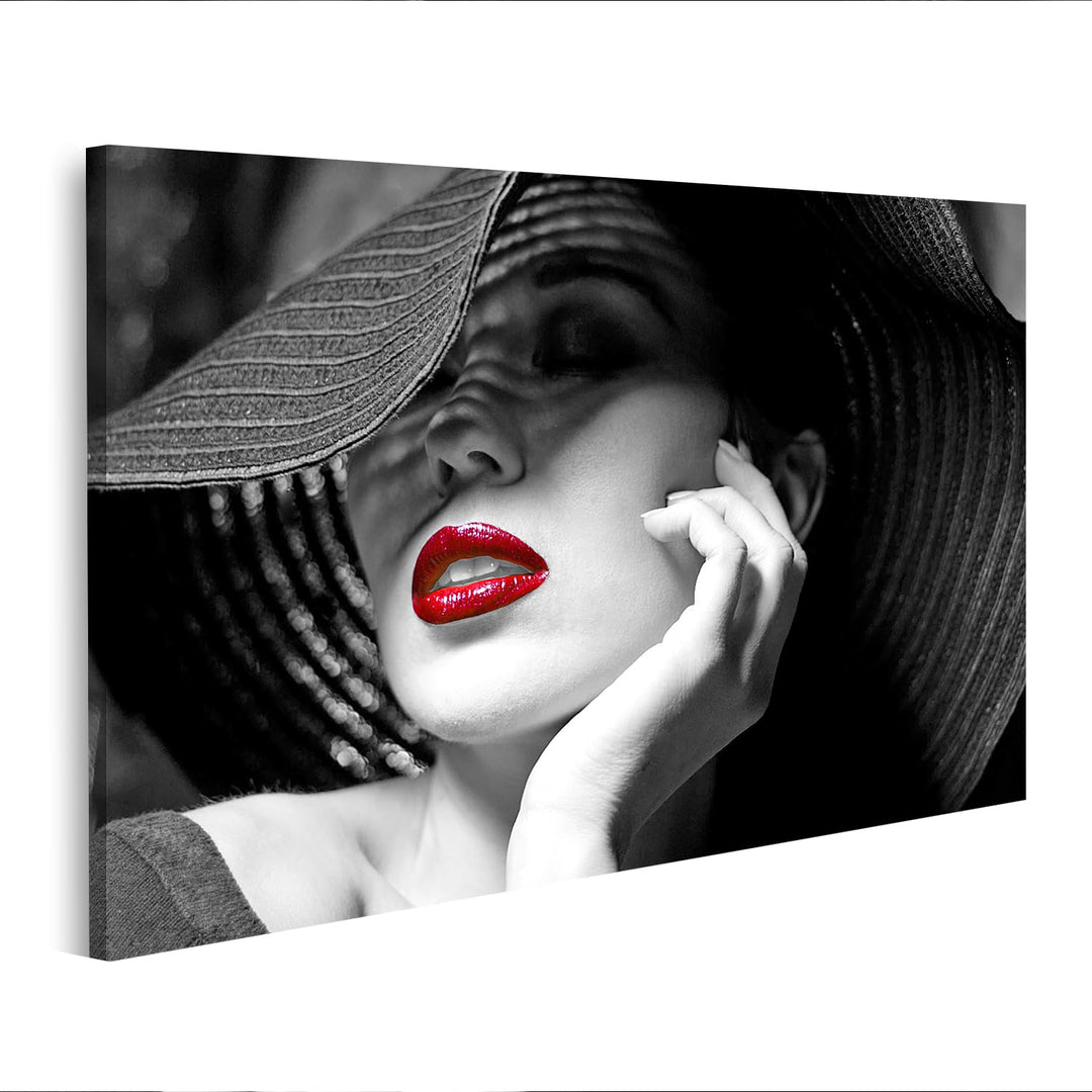 islandburner Leinwandbild Mysteriöse Frau Mit Schwarzem Hut Und Roten Lippen - Leinwand 80x40cm, Lei