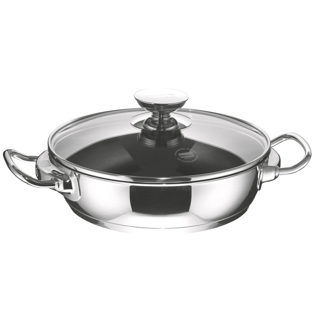 Berndes Schmorkasserolle, 28 cm, Induktion, beschichtete Servierpfanne mit Deckel, Edelstahl Pfanne