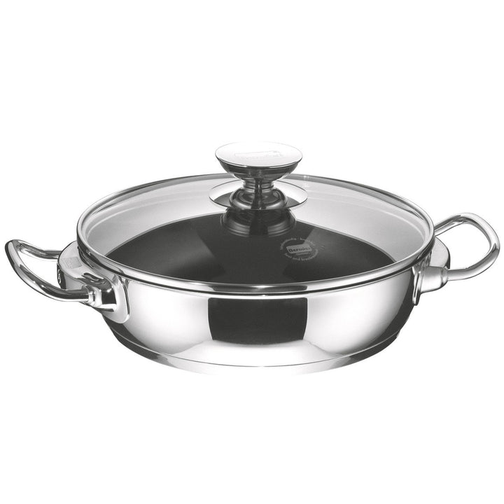 Berndes Schmorkasserolle, 28 cm, Induktion, beschichtete Servierpfanne mit Deckel, Edelstahl Pfanne