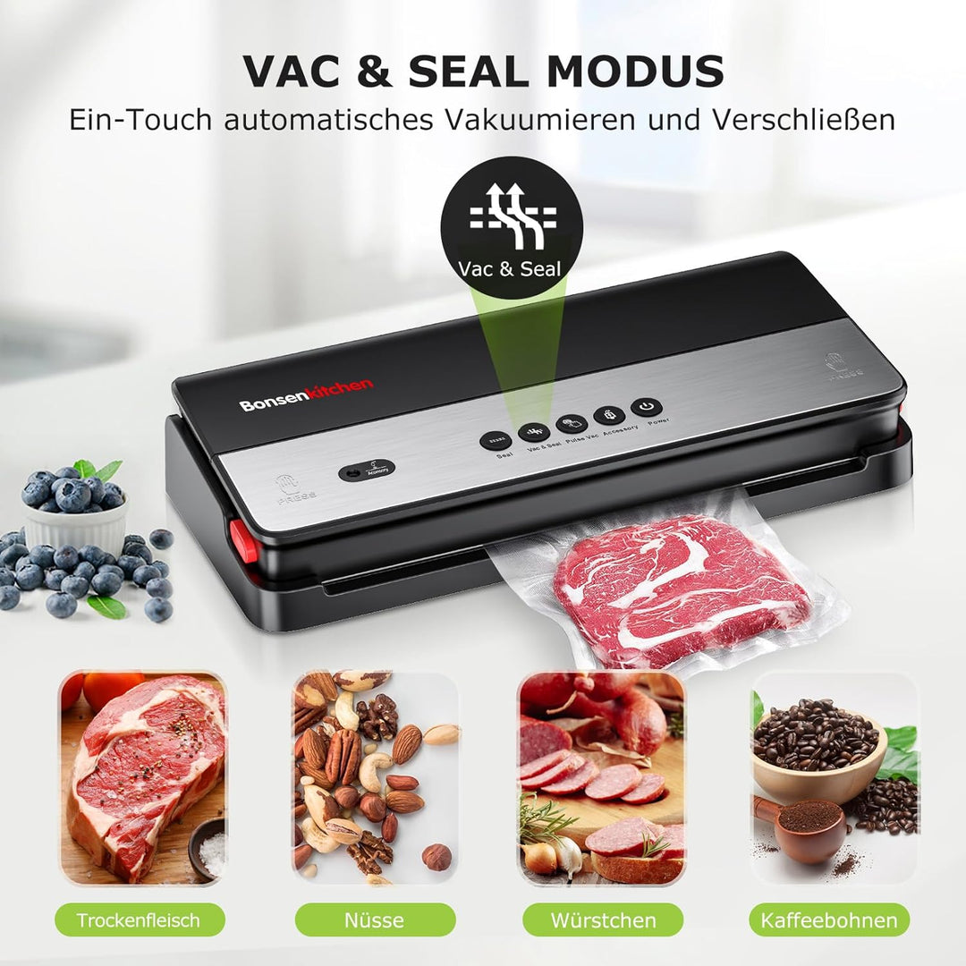 Bonsenkitchen Vakuumiergerät, für Trockene und Feuchte Lebensmittel Vakuumierer mit Eingebauter Cutt