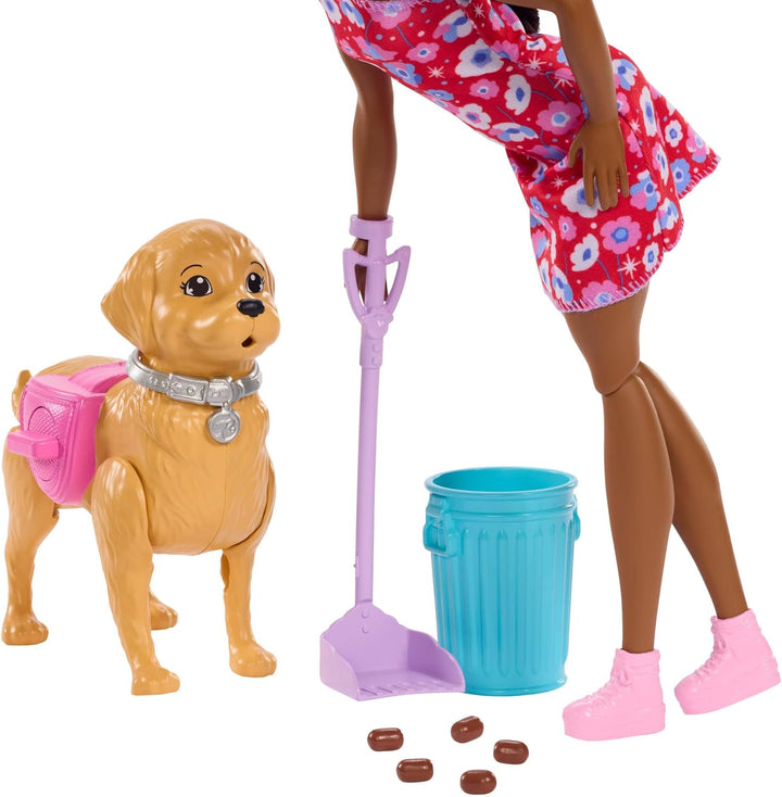 Barbie Hundespaziergang Spielset, enthält einen Spielzeughund, der gehen und Häufchen Brooklyn-Puppe