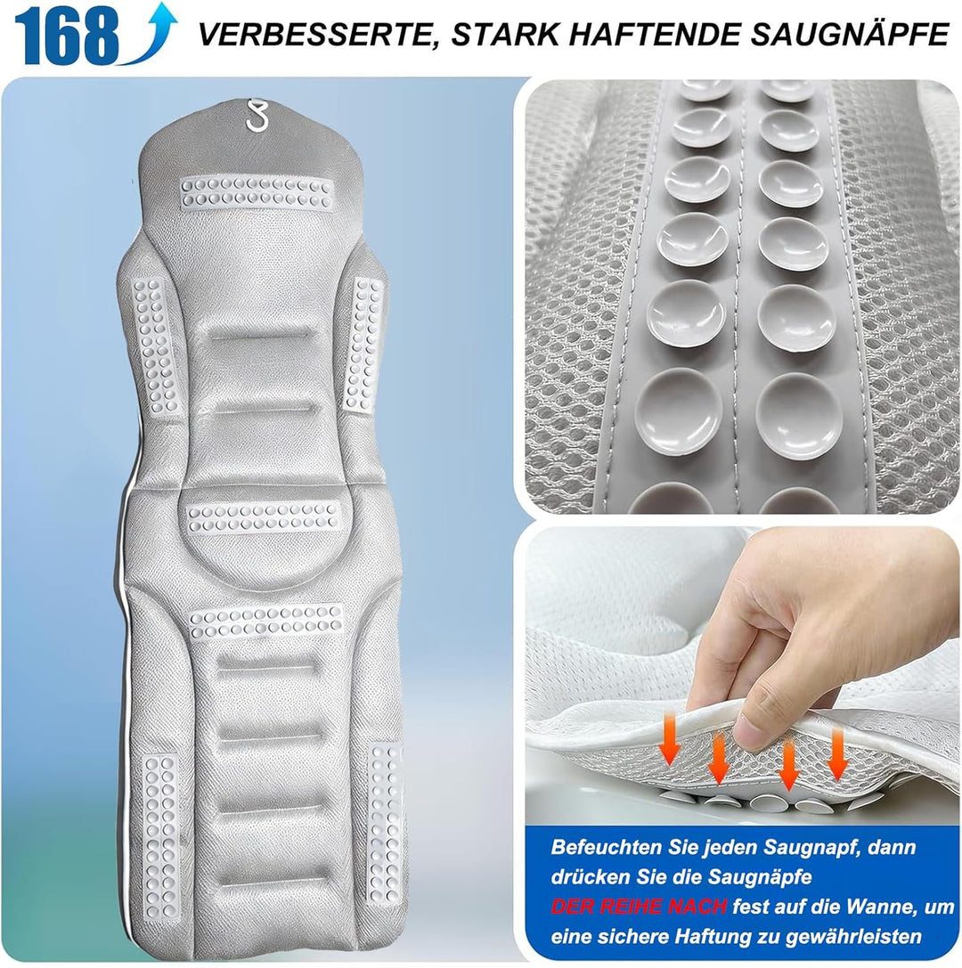Badewannenkissen Ganzkörper, 142x45cm Badewannenmatte mit Kopfstütze und Lendenwirbelstütze, schnell