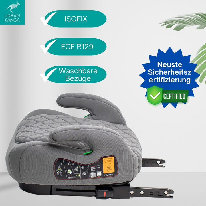 Urban Kanga Wombat Sitzerhöhung Auto Kinder Isofix 125-150 cm Gruppe 3 (Grau Gesteppt), Grau Gestepp