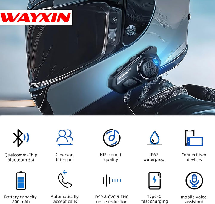 WAYXIN T2 Motorrad Headset mit Gegensprechanlage,Helm Kommunikationssystem für 2 Personen in Reichwe