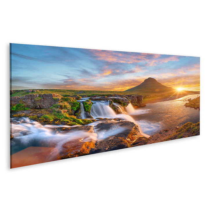 islandburner Bild auf Leinwand Schöne Landschaft Sonnenaufgang Kirkjufellsfoss Wasserfall Kirkjufell