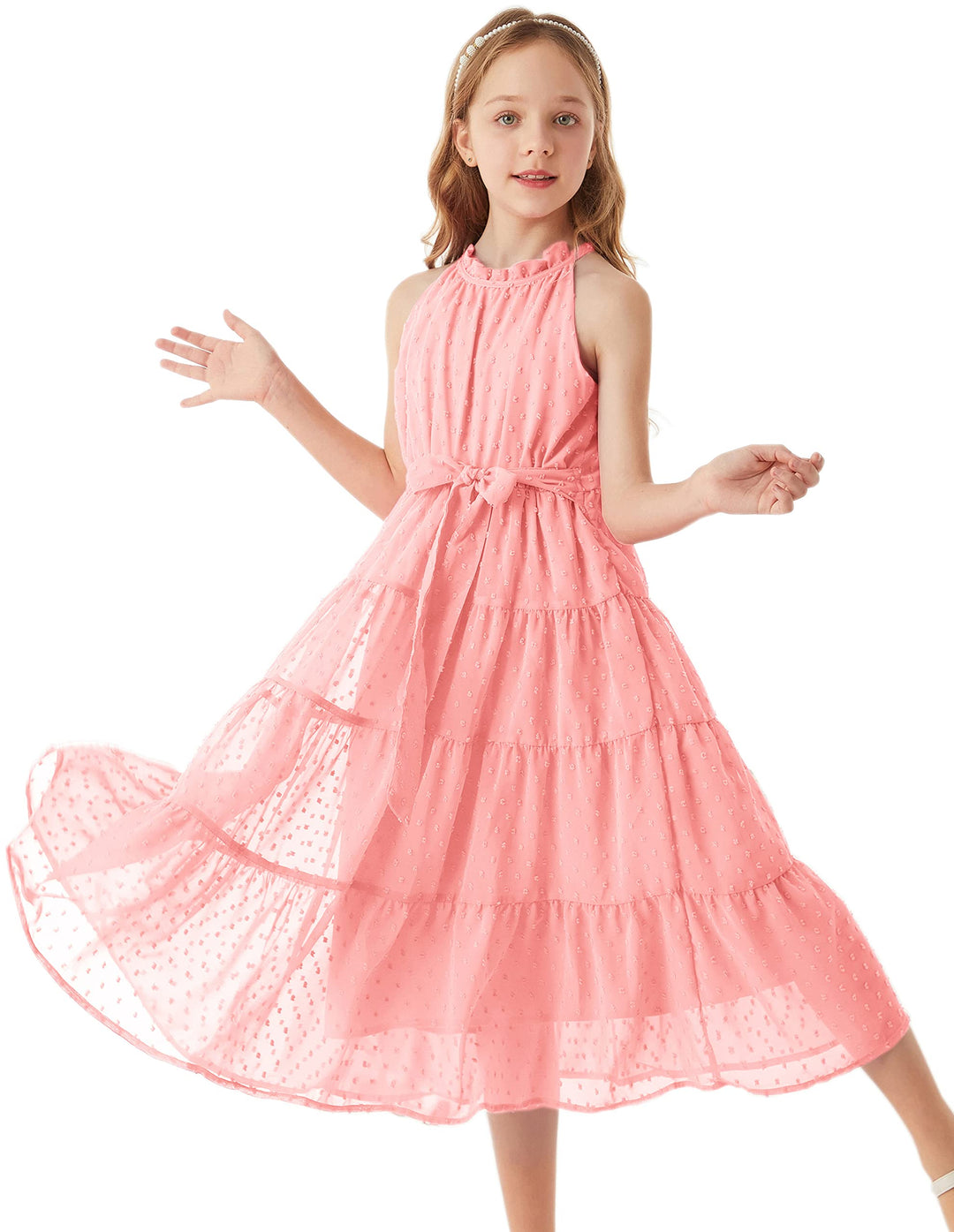 GRACE KARIN Mädchen Prinzessin Kleider Neckholder Swiss Dot Kleid A-Linie Maxikleid Casual Party Fes