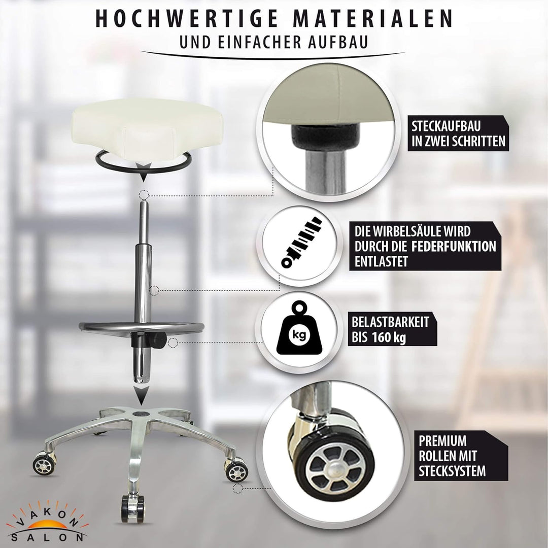 Design ergonomischer Rollhocker auf hochwertigen Rollen Weiss - Höhenverstellbarer von 55 bis 75 cm