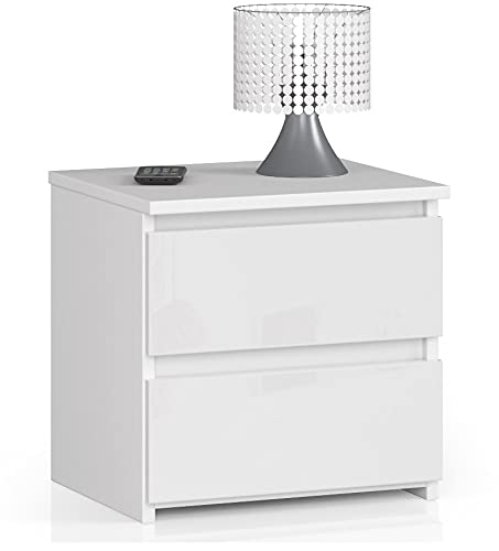 AKORD Nachttisch in minimalistischer Optik, mit 2 Schubladen, B40 x H40 x T35 cm Weiss / Weiss Glänz