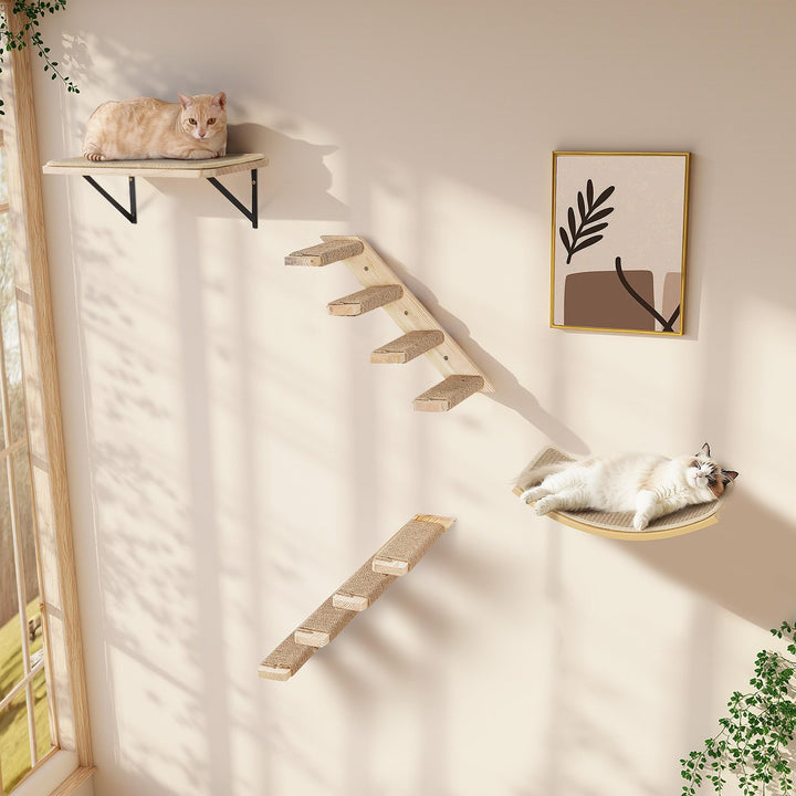 Katzen Kletterwand, Katzentreppe Wand Set mit 2 Stufen Quadratischer & Gebogenen Plattformen, Wandmo