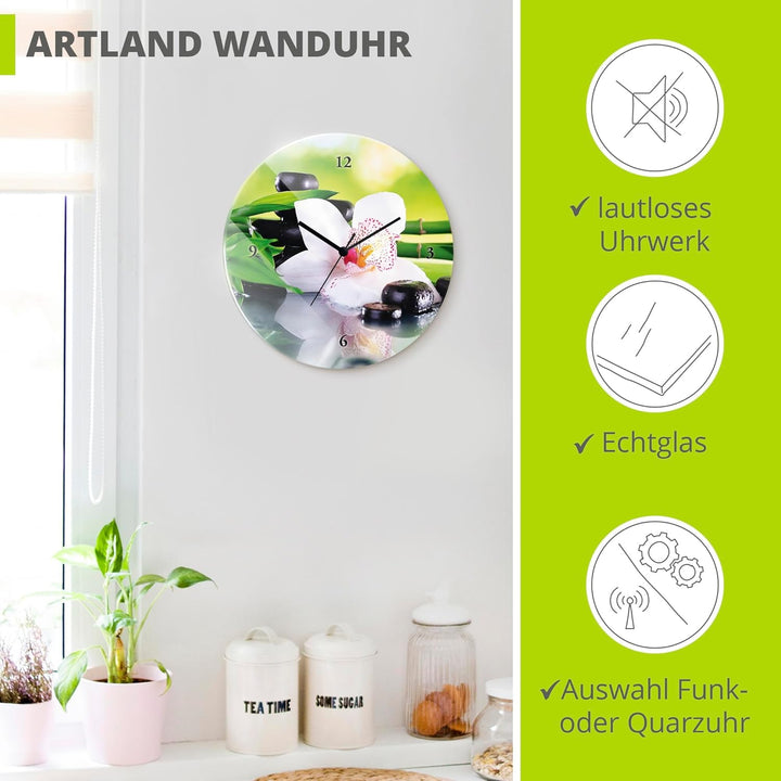 ARTLAND Wanduhr ohne Tickgeräusche Glas Funkuhr Ø 30 cm Rund Lautlos Orchidee Zen Pflanze Spa Steine