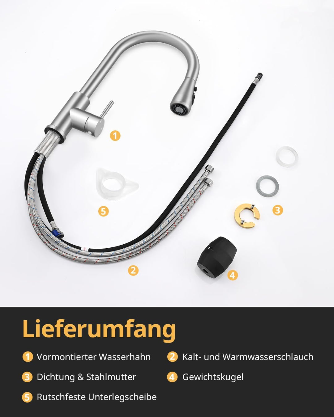Küchenarmatur, Ausziehbarer Wasserhahn mit Edelstahl-Sprühbrause und 3 Sprühfunktionen, 360° schwenk