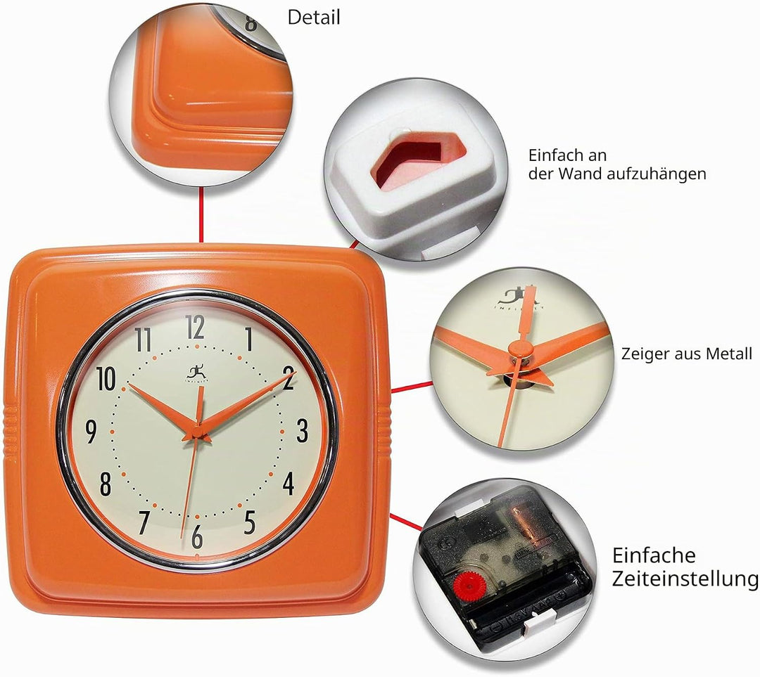 Infinity Instruments Quadratische, stille Retro-Wanduhr, 22,9 cm, Mitte des Jahrhunderts, Moderne Kü