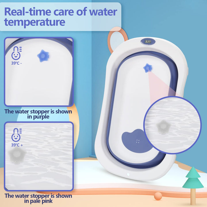 50L Baby Badewanne, Faltbare babywanne mit Anti Stütze, baby wanne mit Echtzeit-Temperaturmessung, B