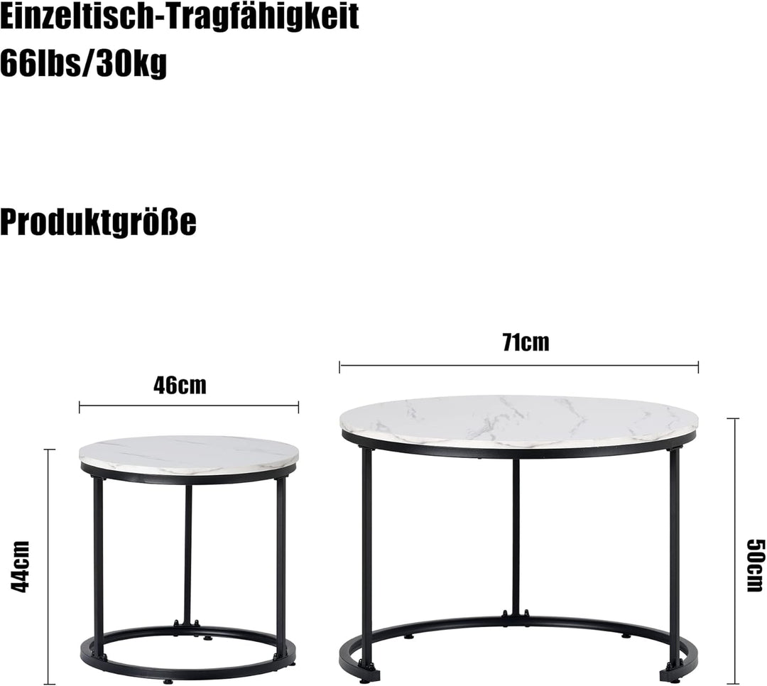 Merax Rund Couchtisch Set, 2-in-1 Nesting Couchtisch Satztisch, mit Marmormuster, Metallgestell, für