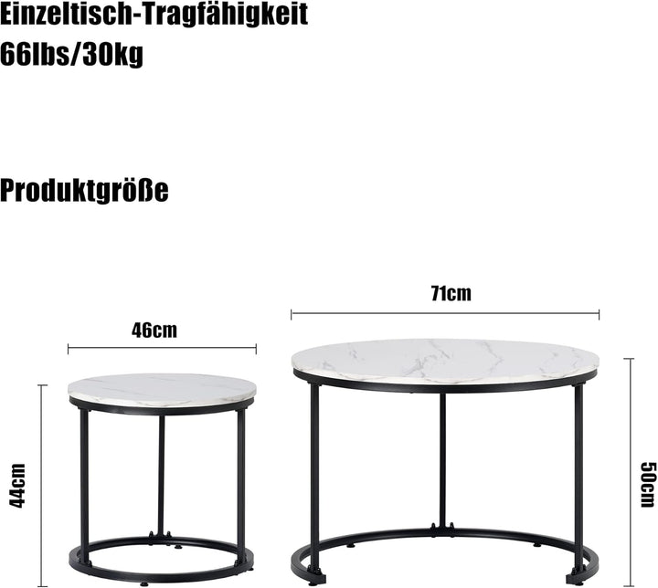 Merax Rund Couchtisch Set, 2-in-1 Nesting Couchtisch Satztisch, mit Marmormuster, Metallgestell, für