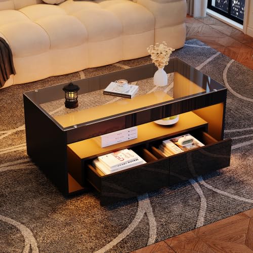 Merax LED Couchtisch – Moderner Wohnzimmertisch mit 16 Farben & 4 Modi, Hochglanz Design, Stauraum,