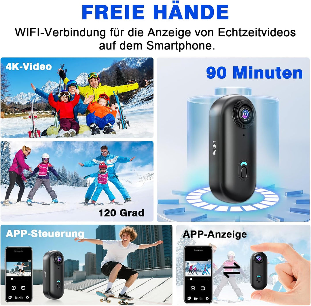 Action Kamera WiFi 4K, wasserdichte Sport-Mini-Actionkamera, Mini-Körperkamera, Kleine Action-Kamera