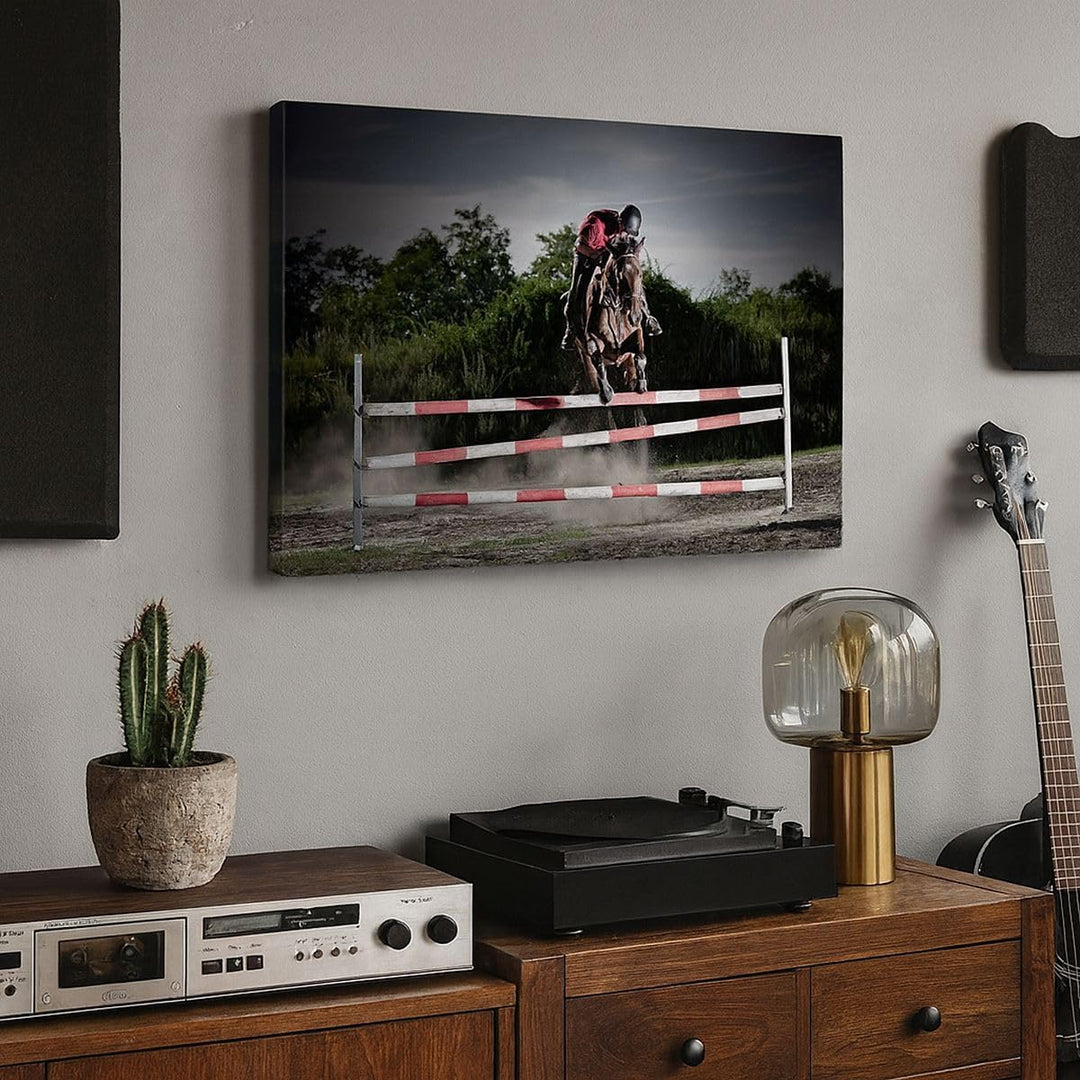 Bilder auf Leinwand 100x70cm Leinwandbild Pferd Sport Hindernisse Himmel Gross Wanddeko Bild Schlafz