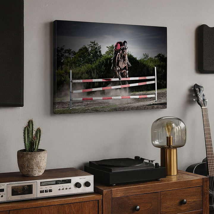 Bilder auf Leinwand 100x70cm Leinwandbild Pferd Sport Hindernisse Himmel Gross Wanddeko Bild Schlafz