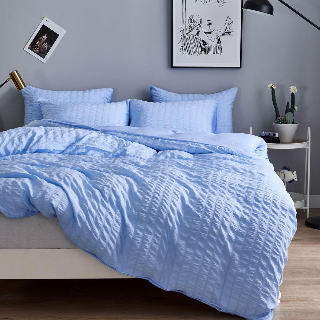Seersucker Bettwäsche 155x220cm 2teilig Blau Geprägt Streifen Strukturiert Bettwaren-Sets Uni Gebürs