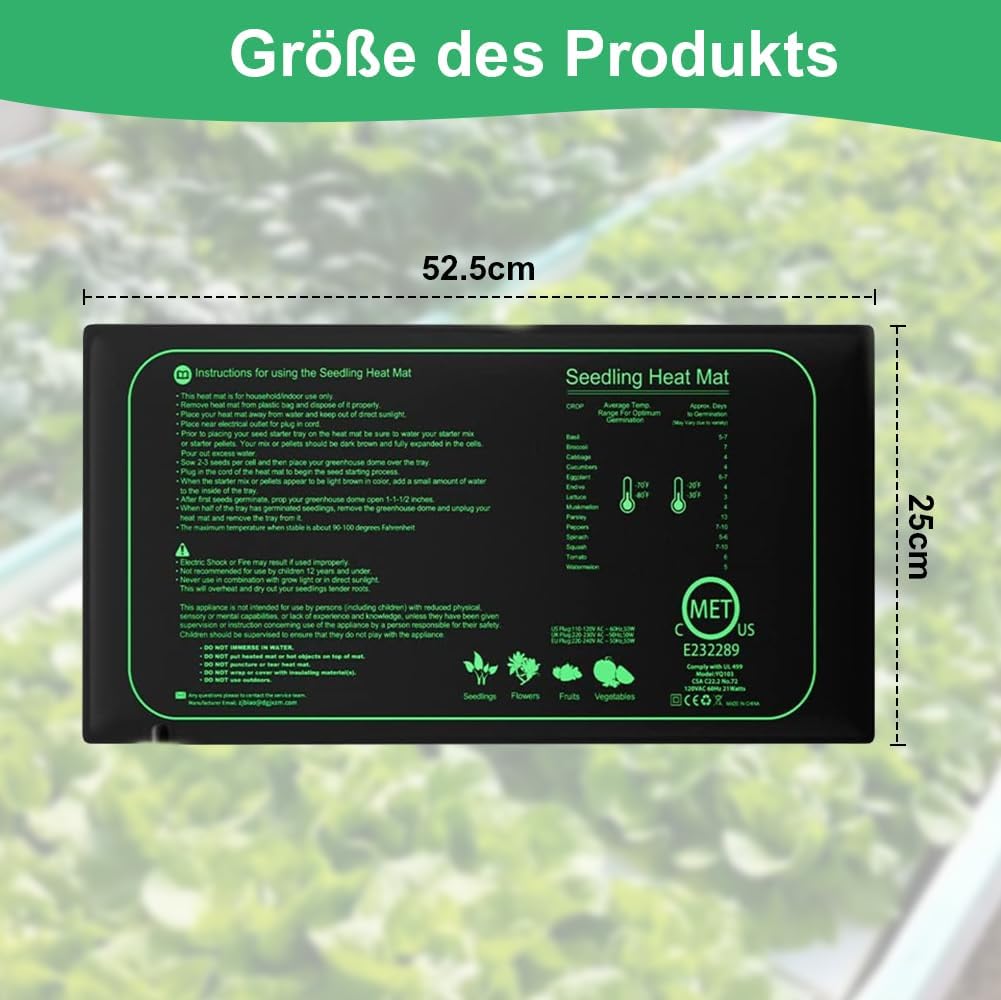 Begonia 50W Heizmatte Pflanzen mit Thermostat, Indoor Gewächshaus Heizkissen für 52,5 x 25cm, Wärmem