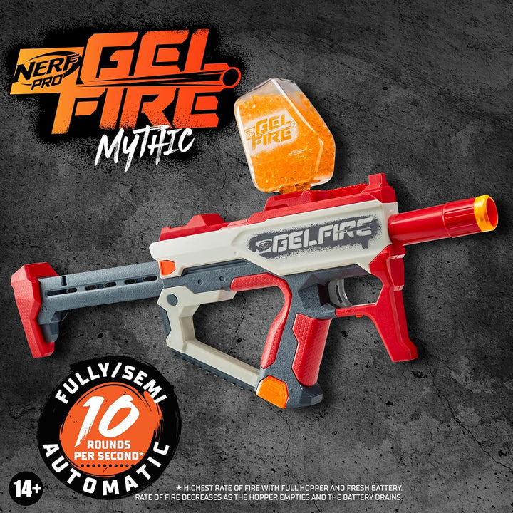 Nerf Pro Gelfire Mythic Blaster, 1.600 Gelfire Runden, Trichter, Akku, Brille